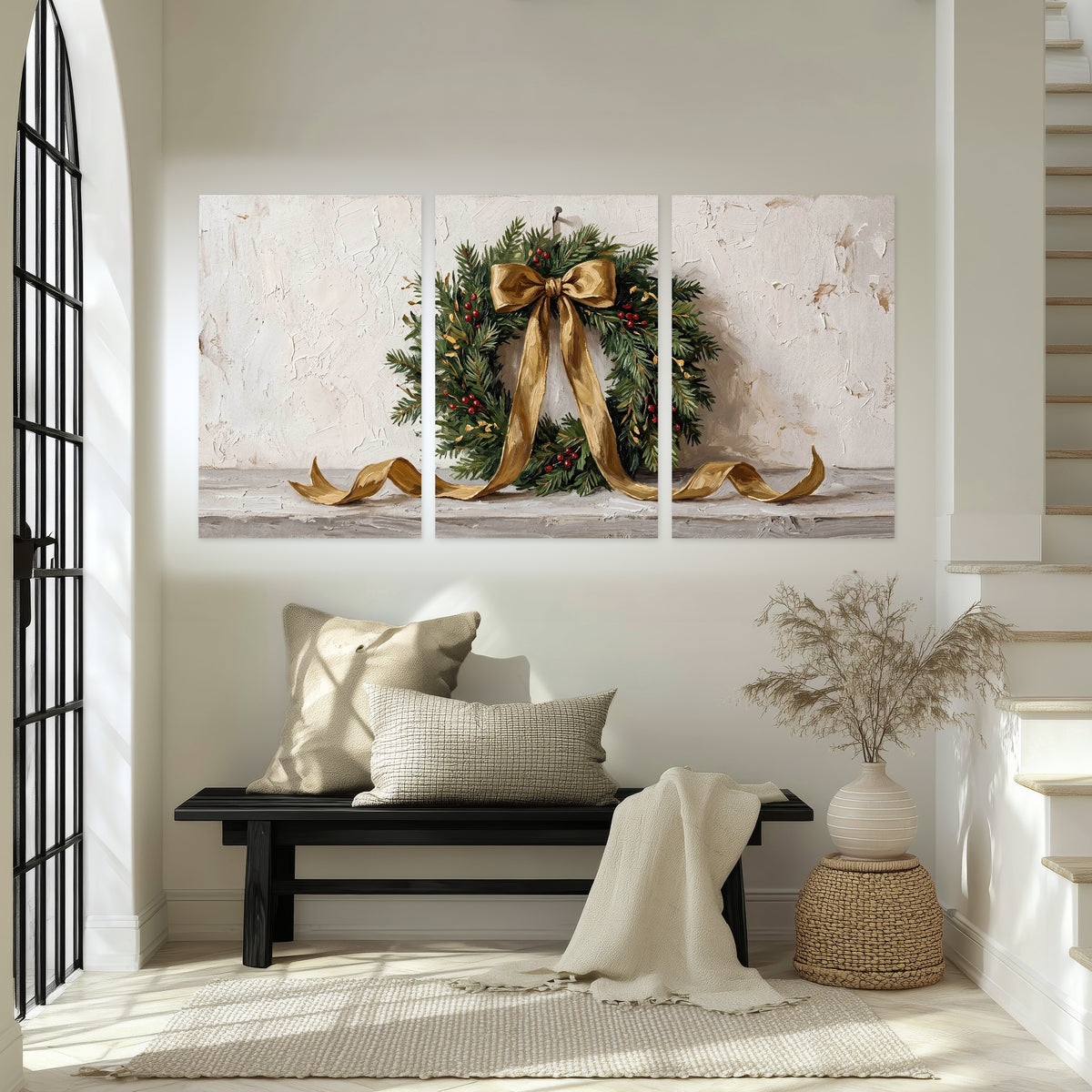 Christmas wreath gold ribbon painting set of 3 poster prints in an entryway above a bench