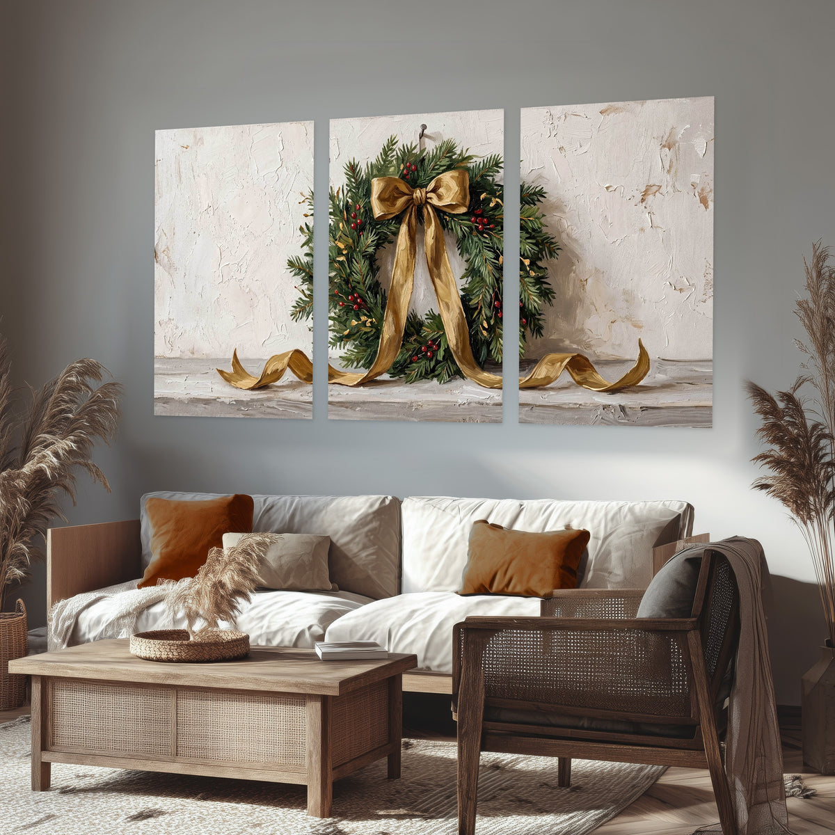 Christmas wreath gold ribbon painting set of 3 poster prints in a rustic living room