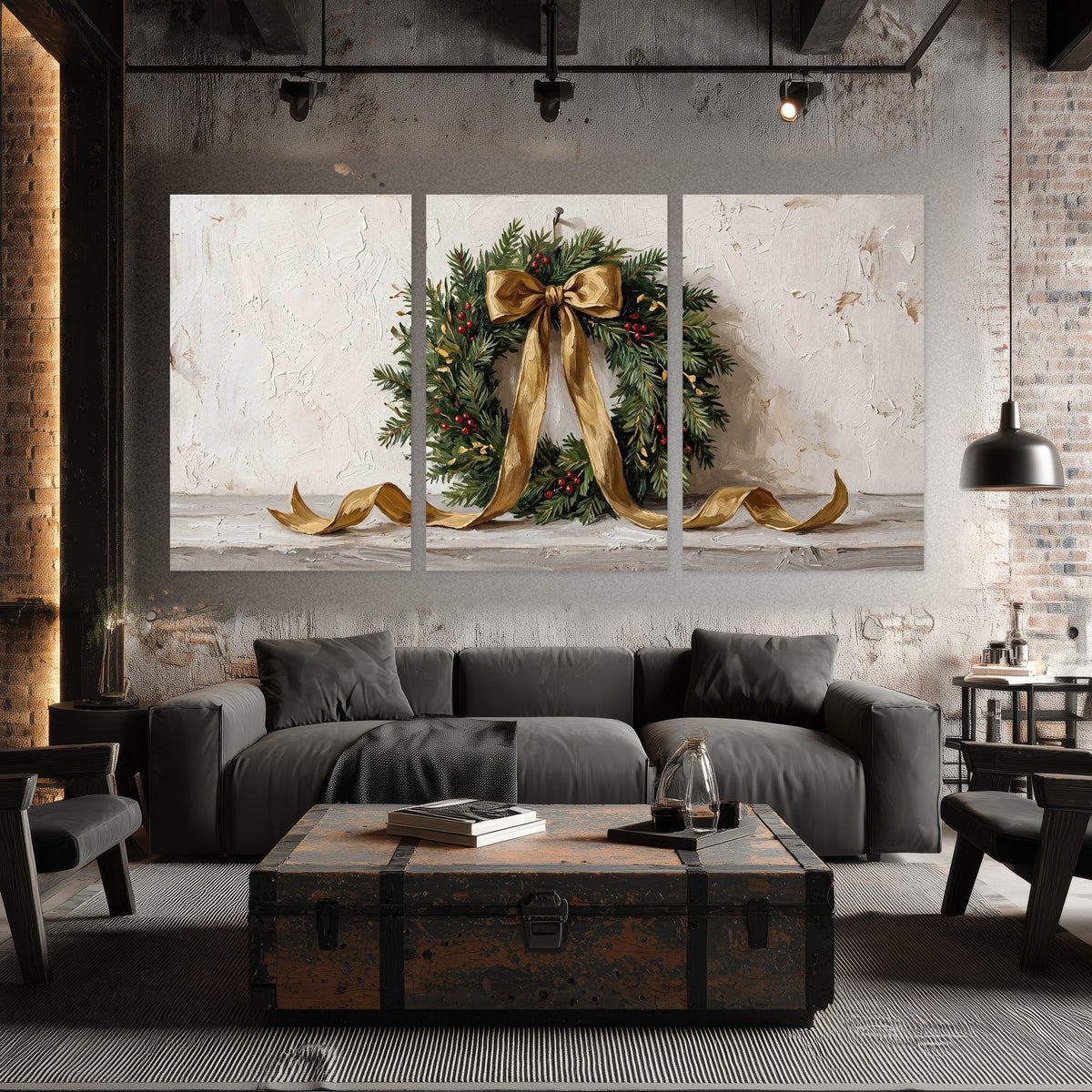 Christmas wreath gold ribbon painting set of 3 poster prints in an industrial loft