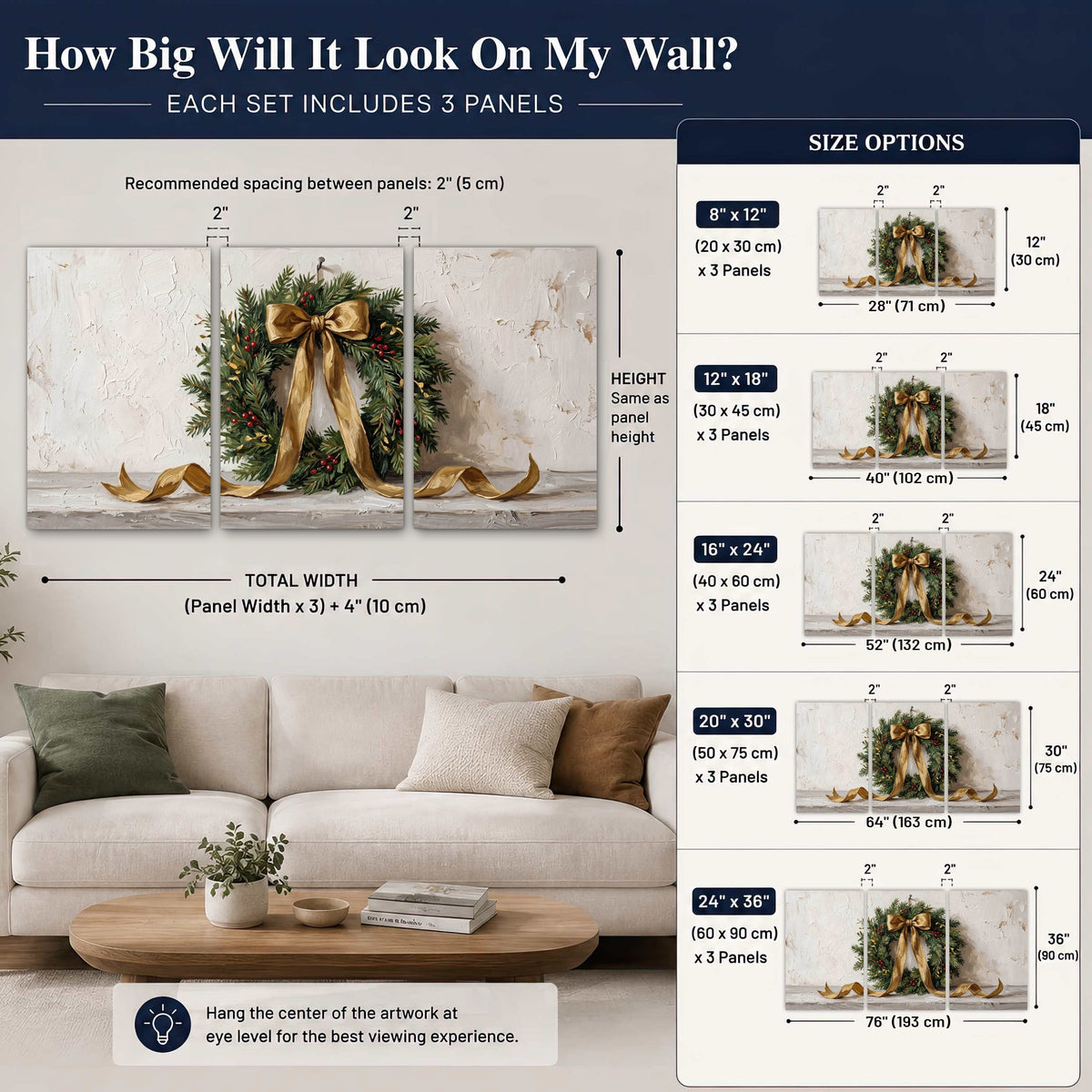 Christmas wreath gold ribbon painting set of 3 poster prints size guide above a sofa
