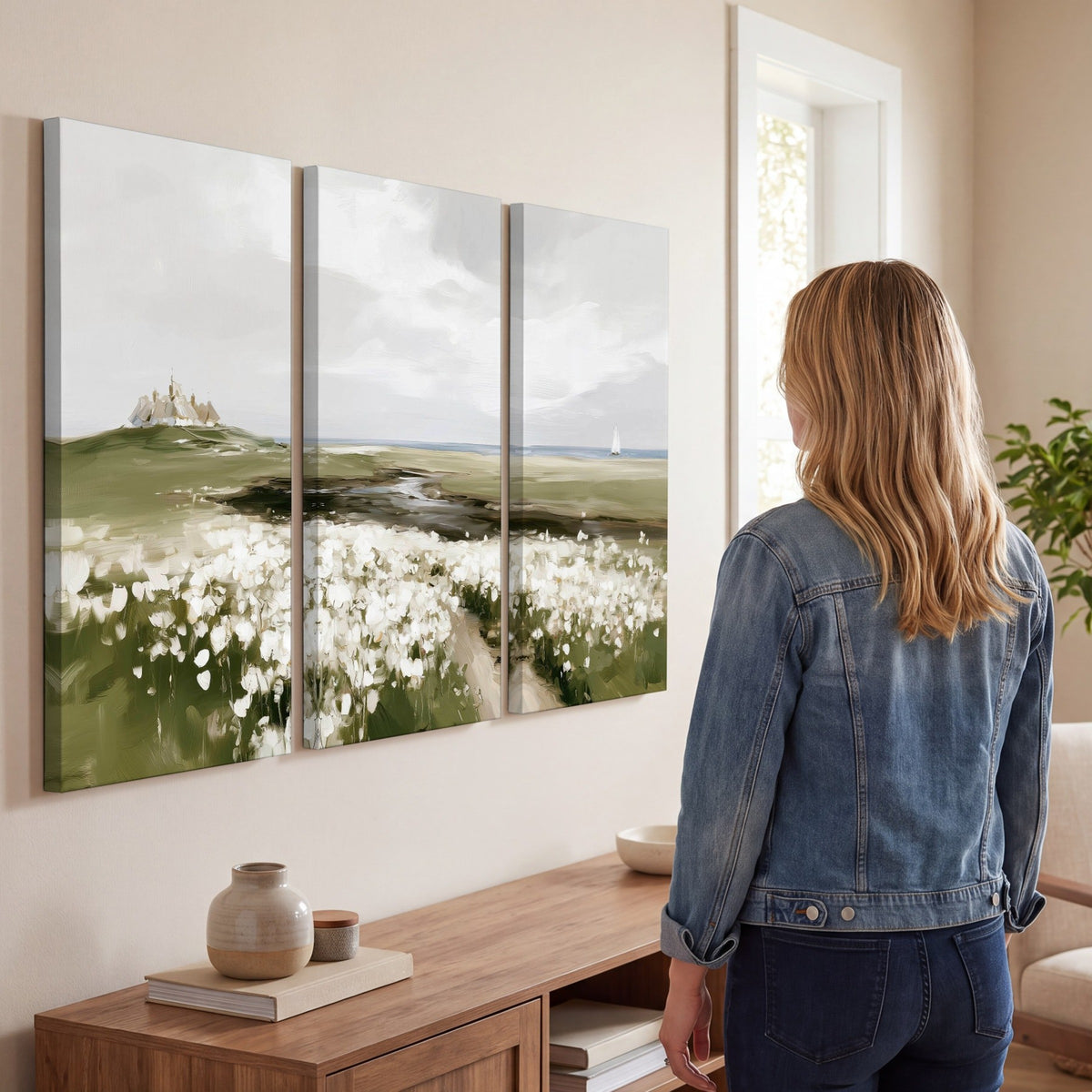 Coastal wildflower meadow painting 3 piece canvas wall art in a living room