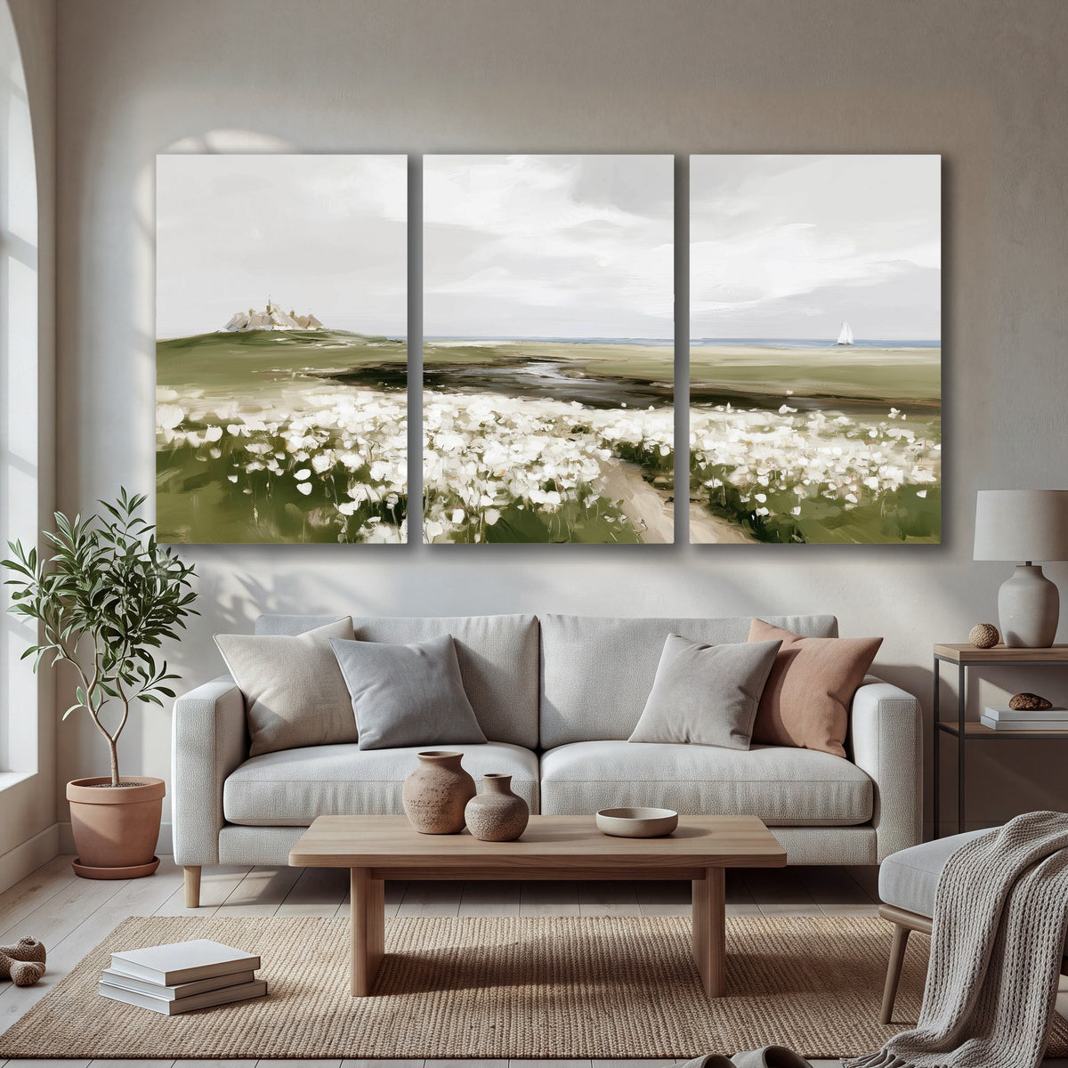 Coastal wildflower meadow painting 3 piece canvas wall art in a bright living room