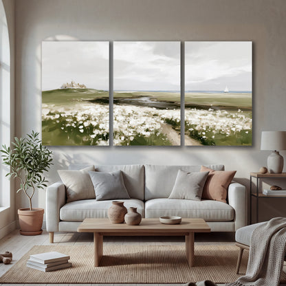Coastal wildflower meadow painting 3 piece canvas wall art in a bright living room