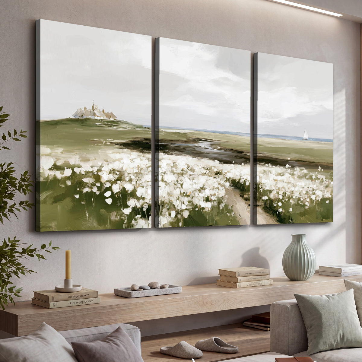 Coastal wildflower meadow painting 3 piece canvas wall art in a living room above a console