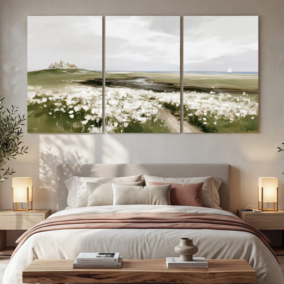 Coastal wildflower meadow painting 3 piece canvas wall art in a bedroom above the bed