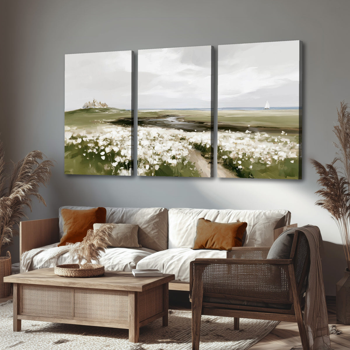 Coastal wildflower meadow painting 3 piece canvas wall art in a rustic living room