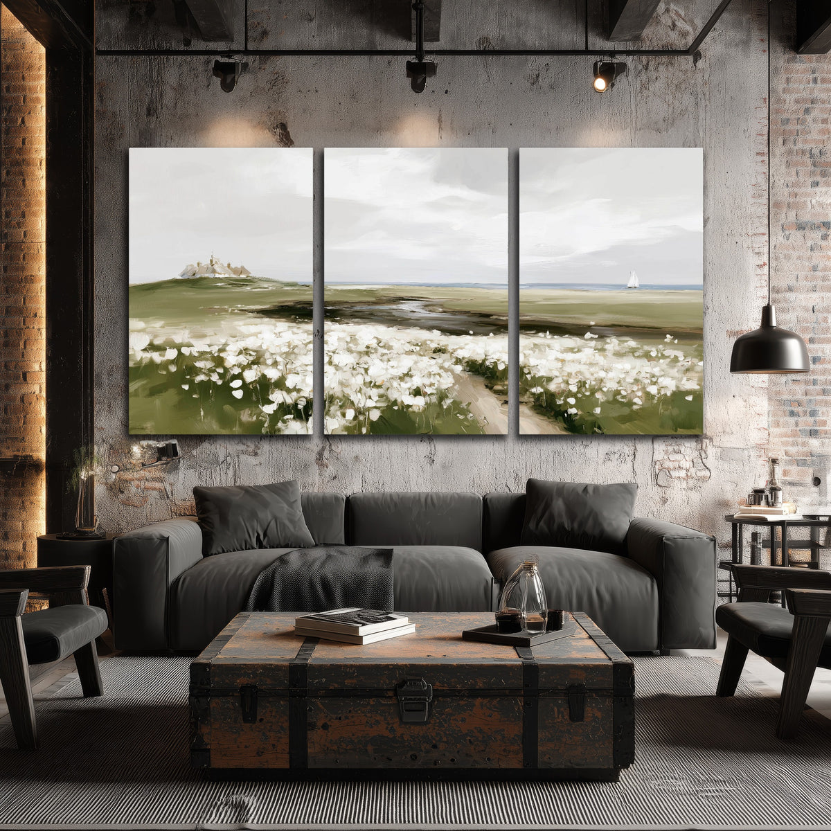 Coastal wildflower meadow painting 3 piece canvas wall art in an industrial loft