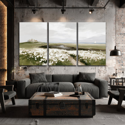 Coastal wildflower meadow painting 3 piece canvas wall art in an industrial loft