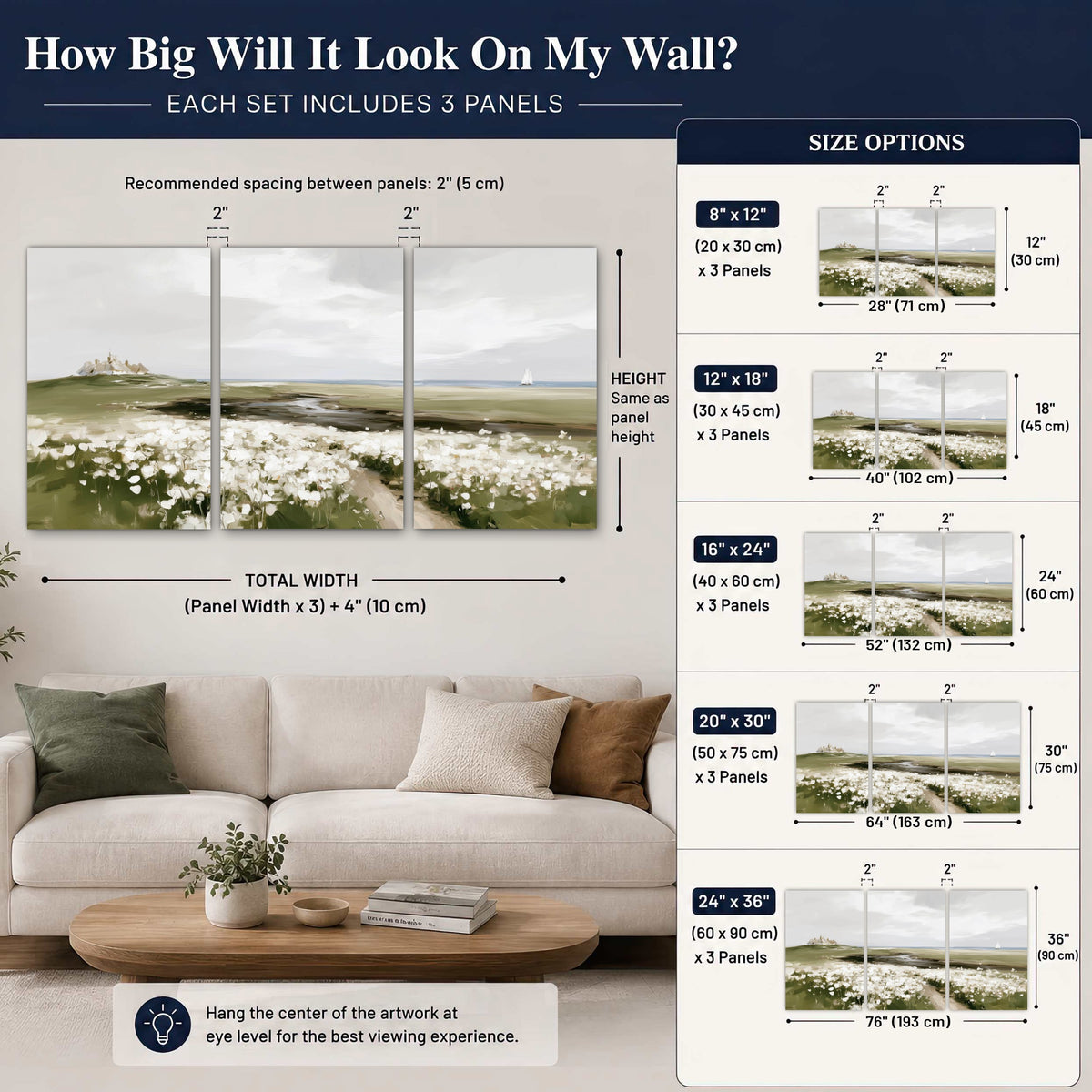 Coastal wildflower meadow painting 3 piece canvas wall art size guide above a sofa