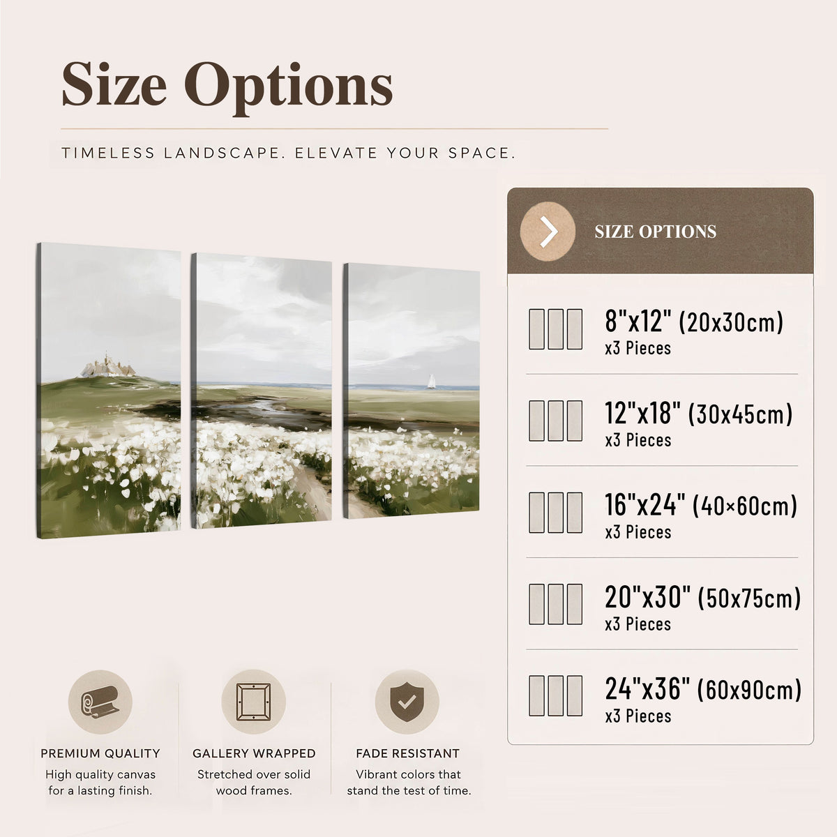 Coastal wildflower meadow painting 3 piece canvas wall art size options