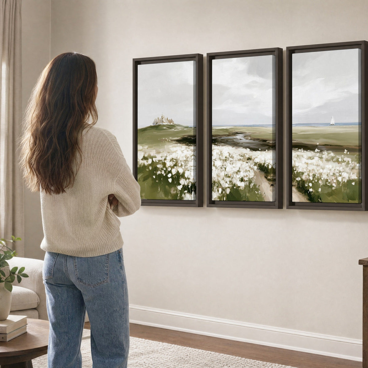 Coastal wildflower meadow painting 3 piece framed canvas in a living room