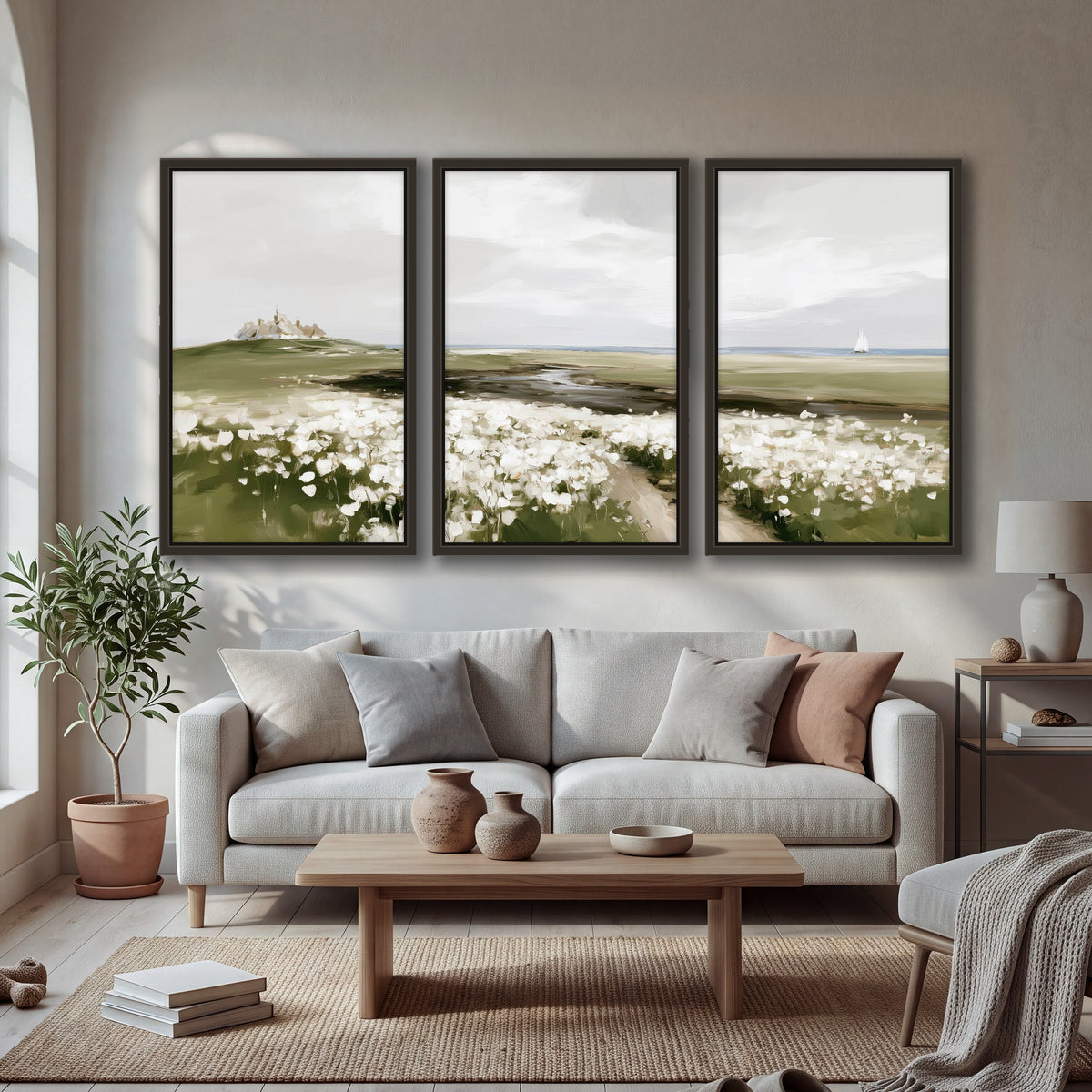 Coastal wildflower meadow painting 3 piece framed canvas in a bright living room