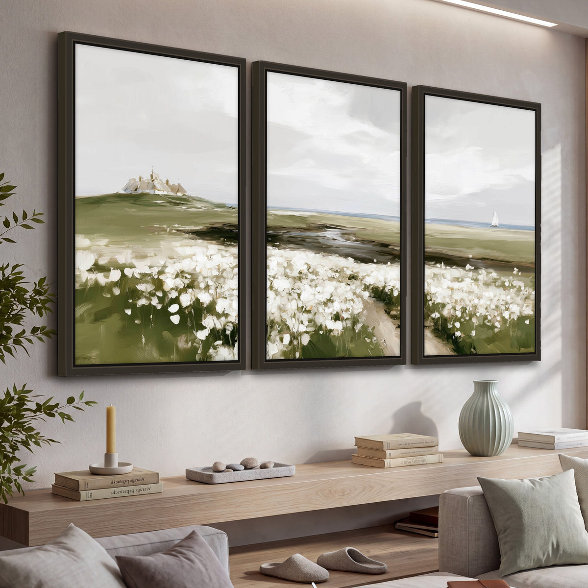 Coastal wildflower meadow painting 3 piece framed canvas in a living room above a console