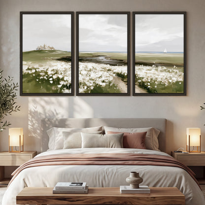 Coastal wildflower meadow painting 3 piece framed canvas in a bedroom above the bed