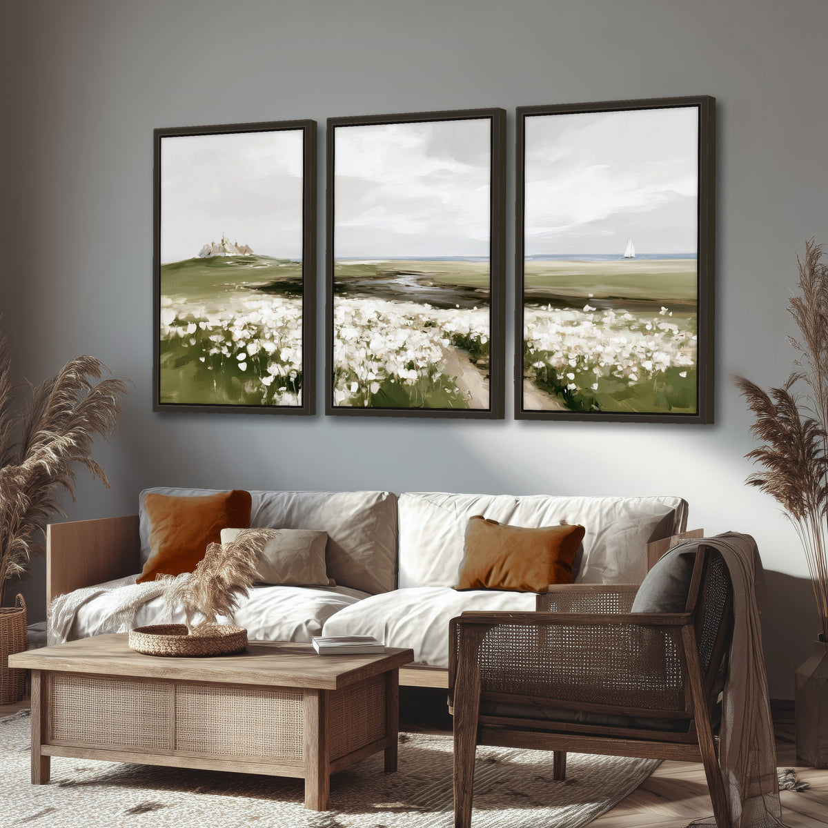 Coastal wildflower meadow painting 3 piece framed canvas in a rustic living room