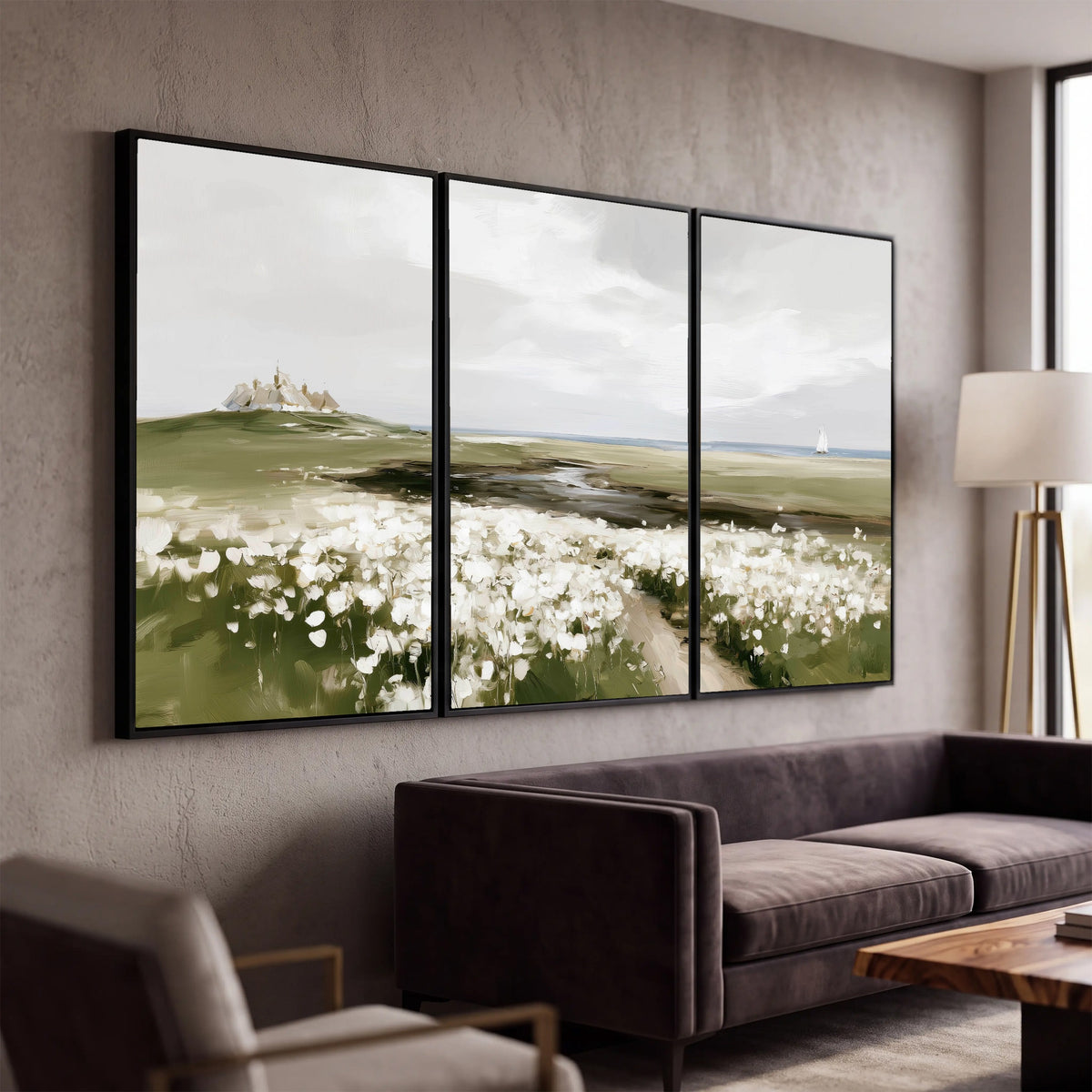 Coastal wildflower meadow painting 3 piece framed canvas in a modern living room