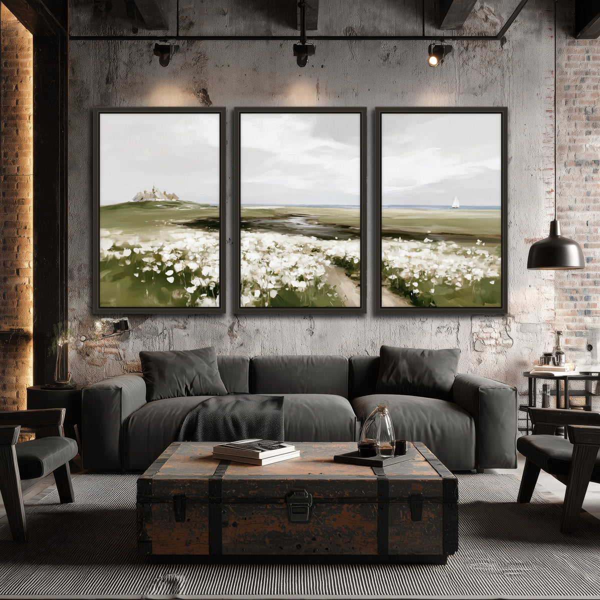 Coastal wildflower meadow painting 3 piece framed canvas in an industrial loft