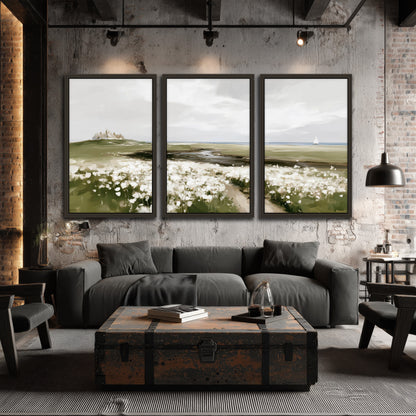 Coastal wildflower meadow painting 3 piece framed canvas in an industrial loft