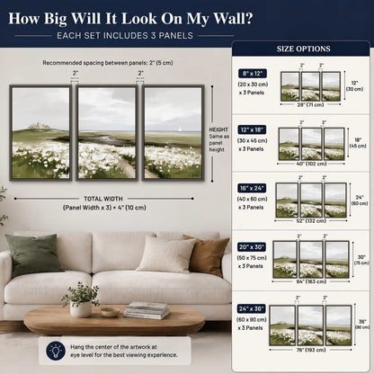 Coastal wildflower meadow painting 3 piece framed canvas size guide above a sofa