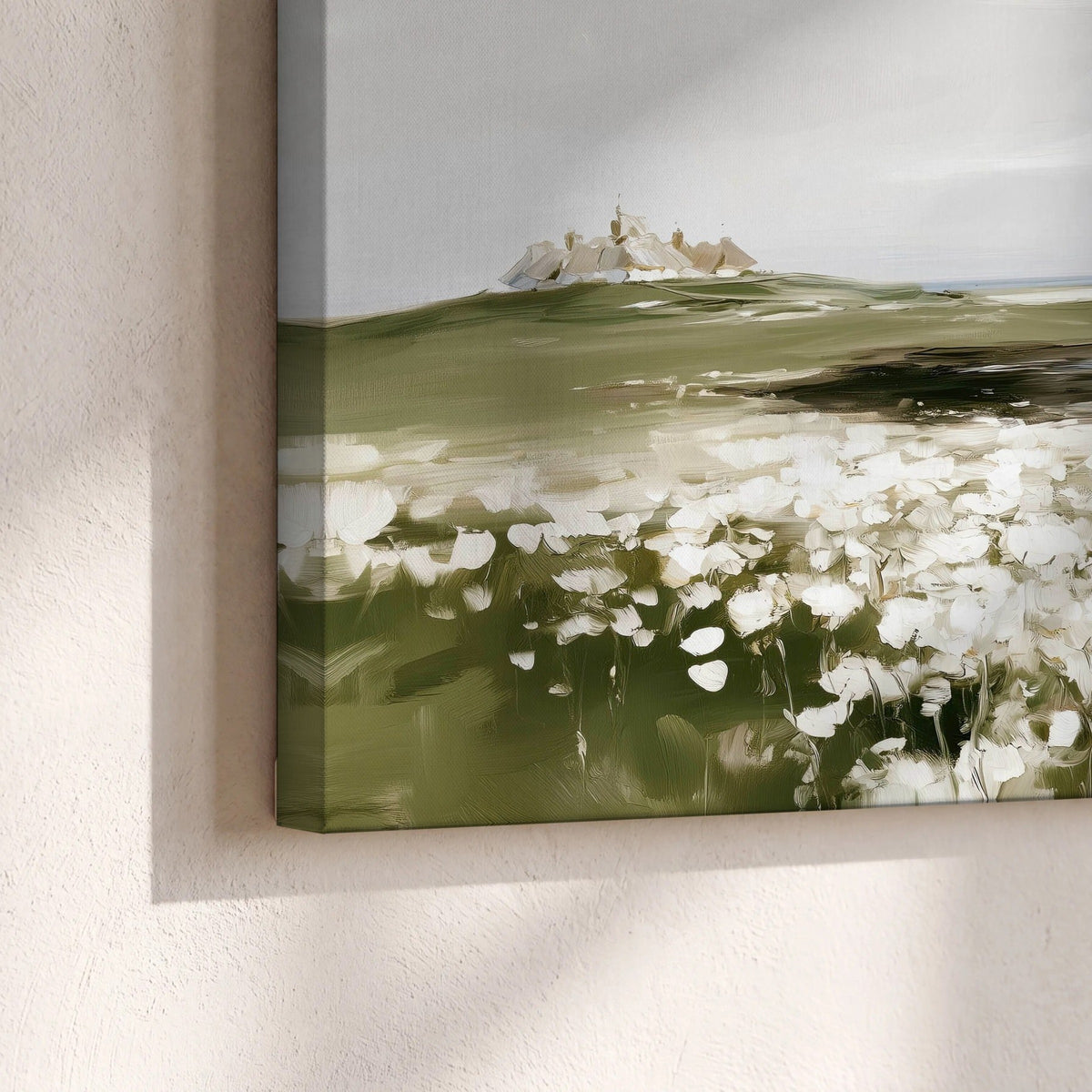 Coastal wildflower meadow painting canvas print close-up showing the gallery-wrapped edge