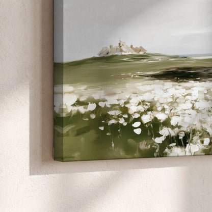 Coastal wildflower meadow painting canvas print close-up showing the gallery-wrapped edge