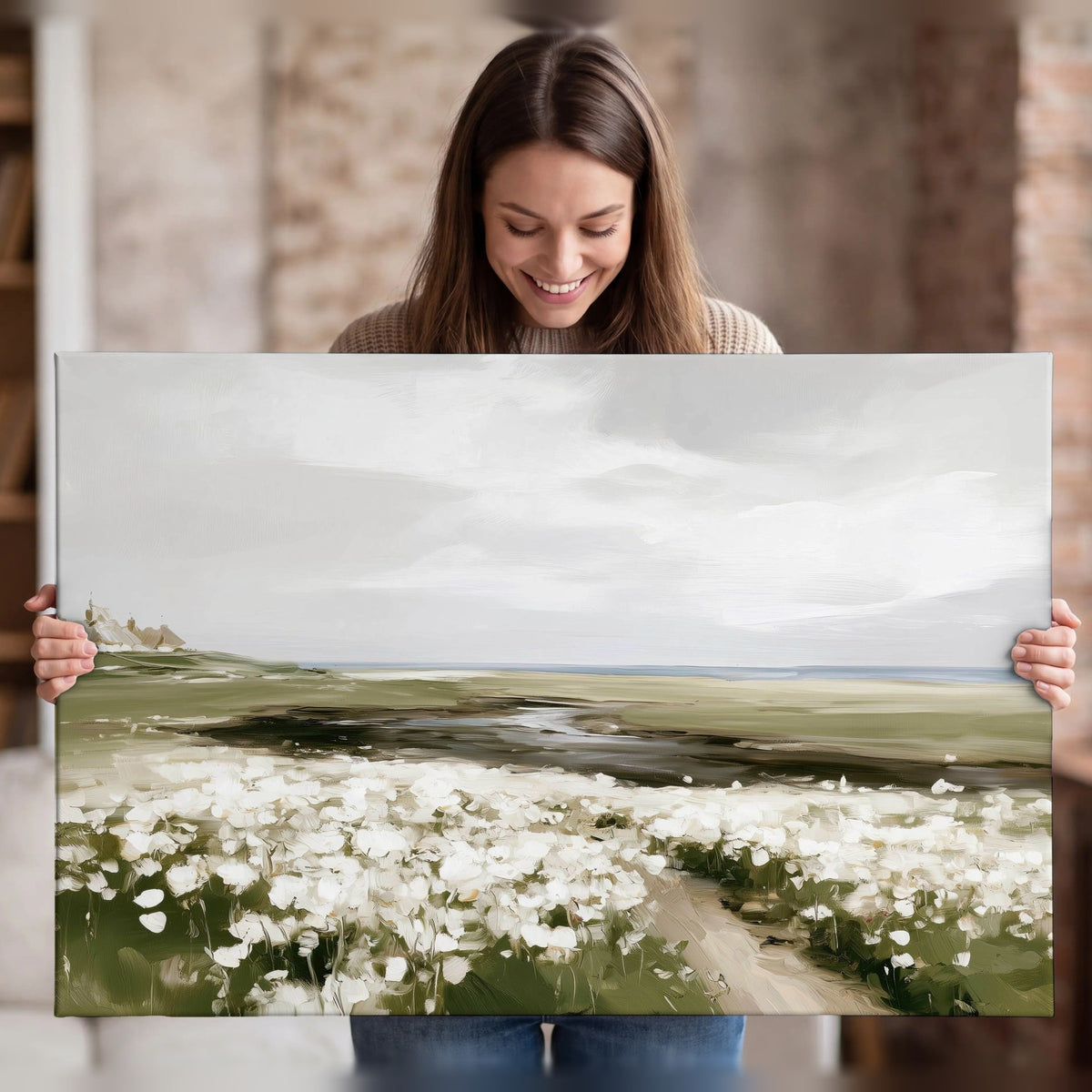 Coastal wildflower meadow painting canvas wall art held in hands