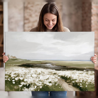 Coastal wildflower meadow painting canvas wall art held in hands