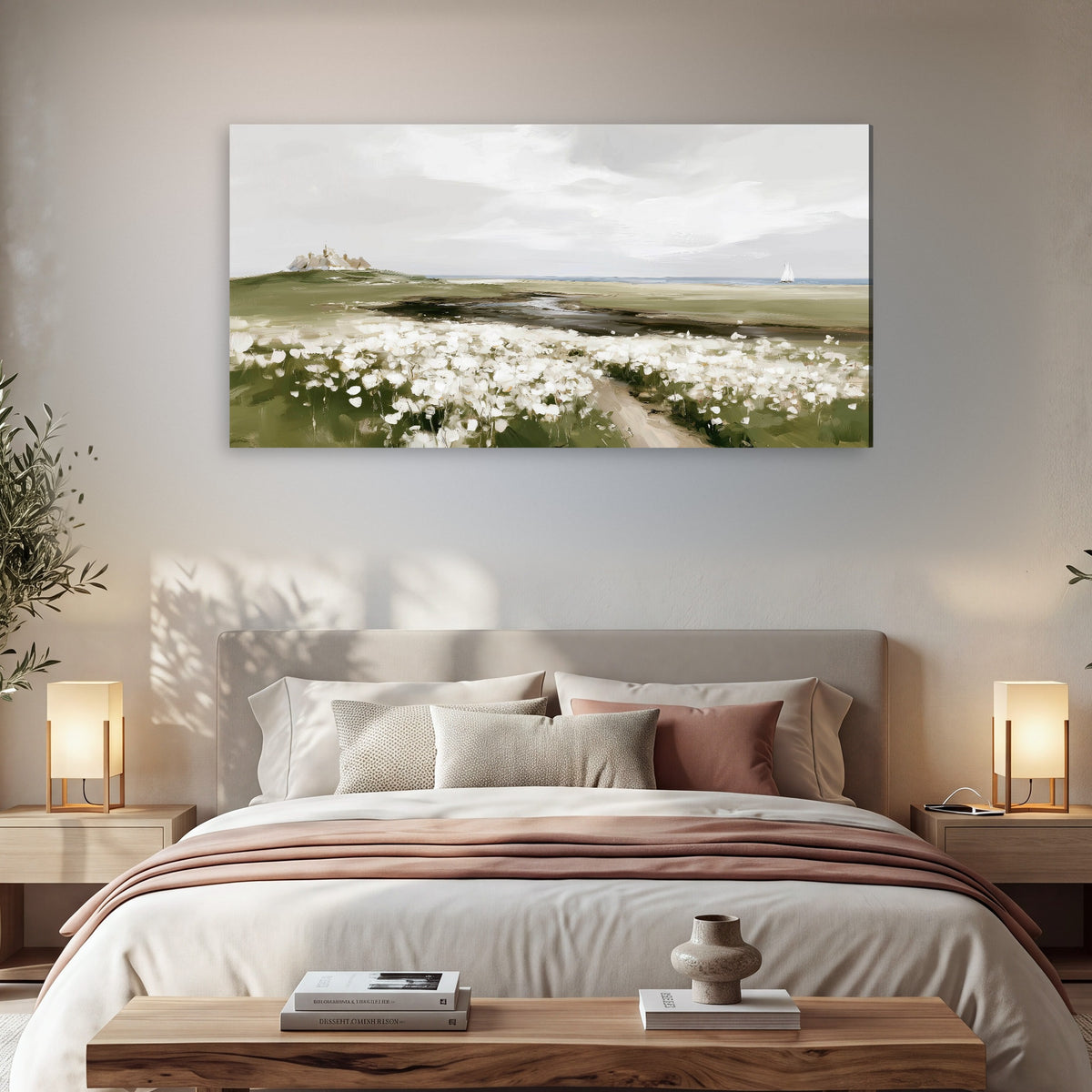 Coastal wildflower meadow painting canvas wall art in a bedroom above the bed