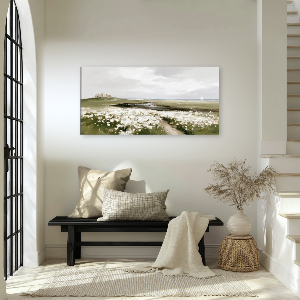 Coastal wildflower meadow painting canvas wall art in an entryway above a bench