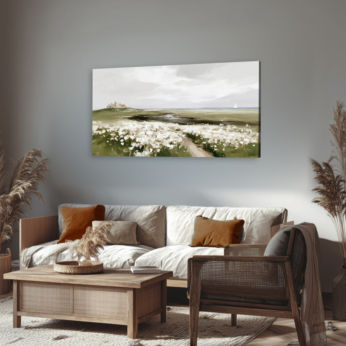 Coastal wildflower meadow painting canvas wall art in a rustic living room