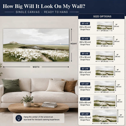 Coastal wildflower meadow painting canvas wall art size guide above a sofa