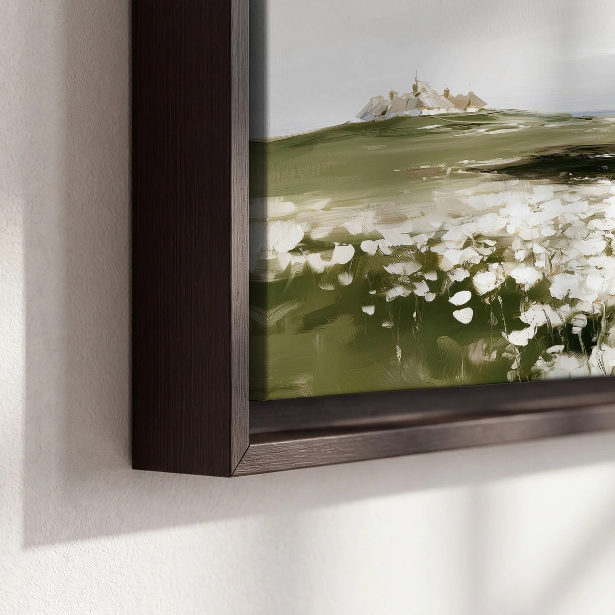 Coastal wildflower meadow painting framed canvas close-up showing the floating frame
