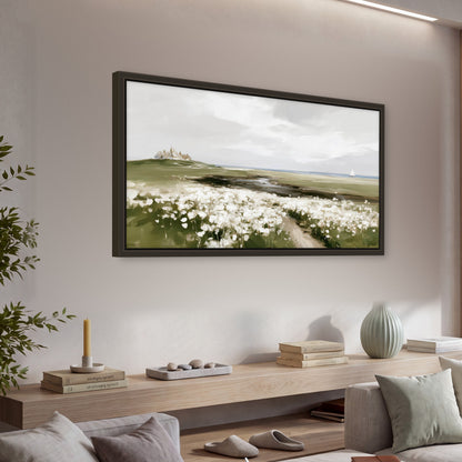 Coastal wildflower meadow painting framed canvas wall art in a living room above a console