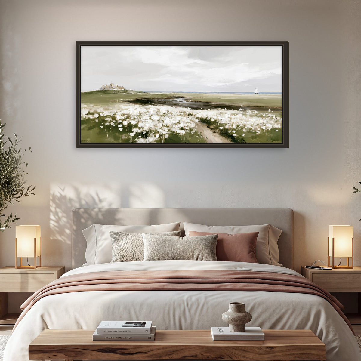 Coastal wildflower meadow painting framed canvas wall art in a bedroom above the bed