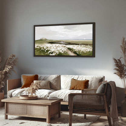 Coastal wildflower meadow painting framed canvas wall art in a rustic living room