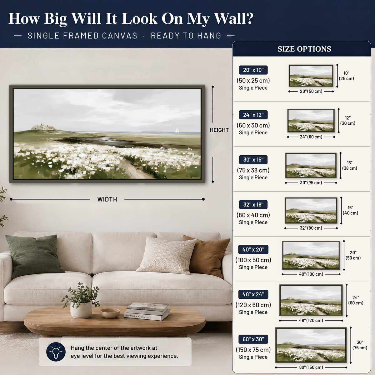 Coastal wildflower meadow painting framed canvas wall art size guide above a sofa