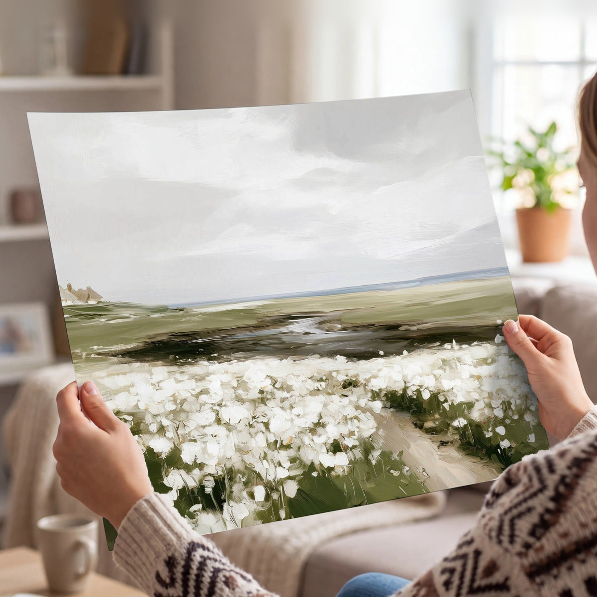 Coastal wildflower meadow painting poster print held in hands