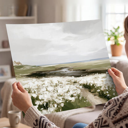 Coastal wildflower meadow painting poster print held in hands