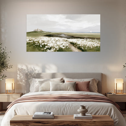 Coastal wildflower meadow painting poster print in a bedroom above the bed