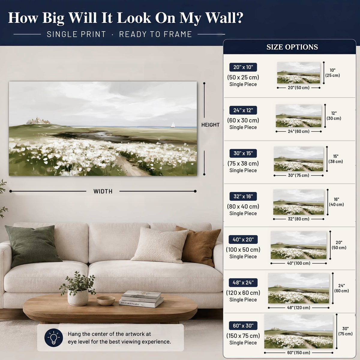 Coastal wildflower meadow painting poster print size guide above a sofa