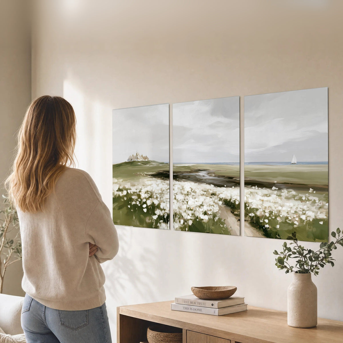 Coastal wildflower meadow painting set of 3 poster prints in a living room