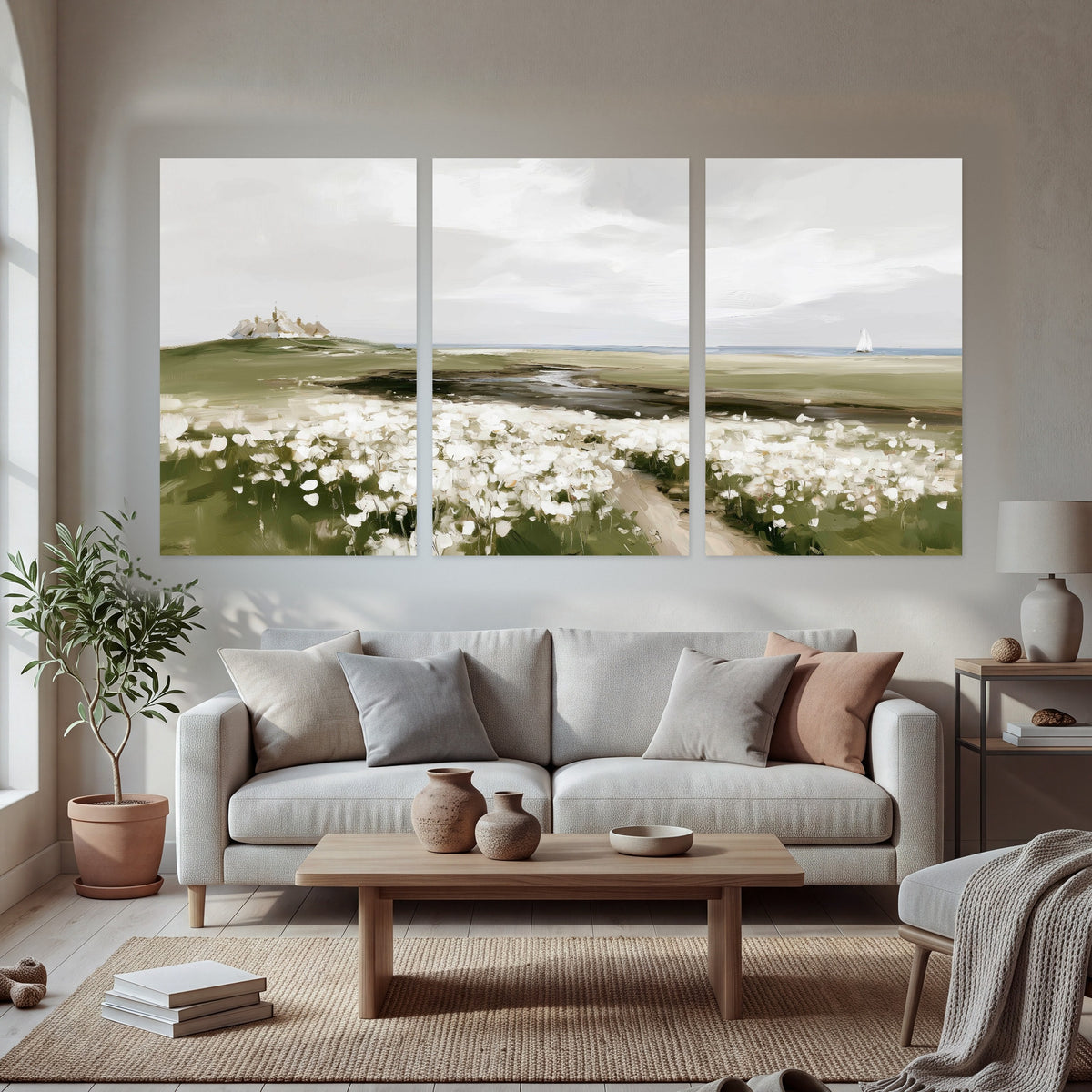 Coastal wildflower meadow painting set of 3 poster prints in a bright living room