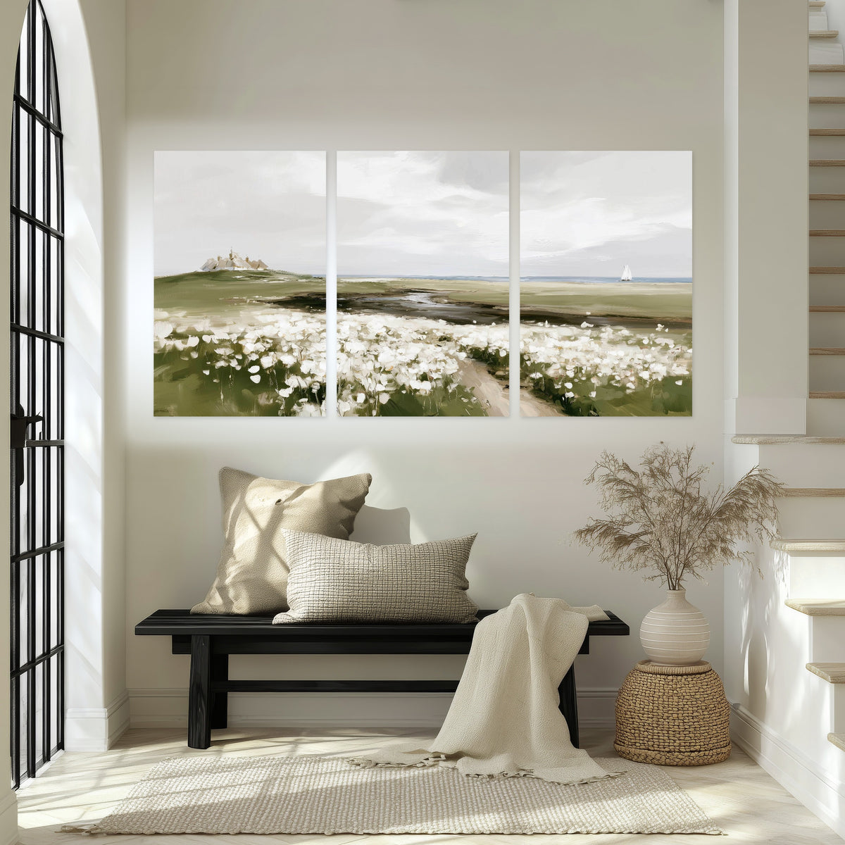 Coastal wildflower meadow painting set of 3 poster prints in an entryway above a bench