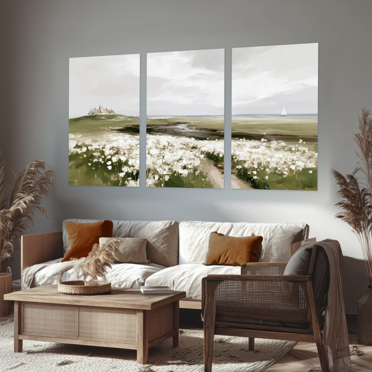 Coastal wildflower meadow painting set of 3 poster prints in a rustic living room