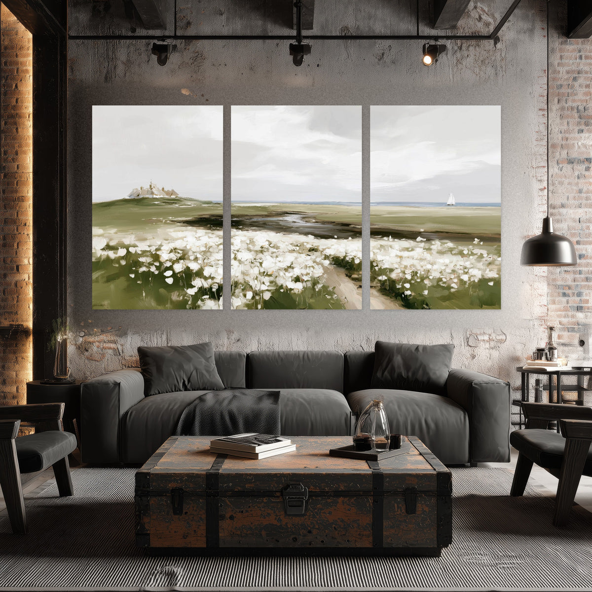 Coastal wildflower meadow painting set of 3 poster prints in an industrial loft