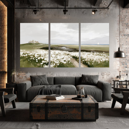 Coastal wildflower meadow painting set of 3 poster prints in an industrial loft