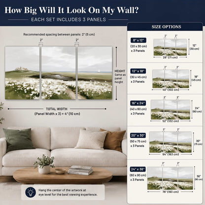 Coastal wildflower meadow painting set of 3 poster prints size guide above a sofa