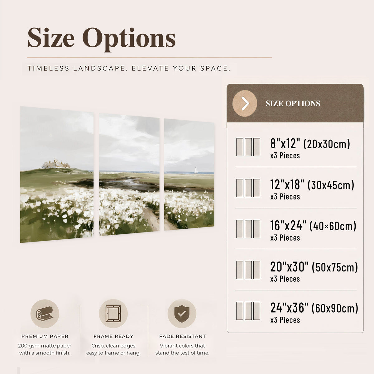Coastal wildflower meadow painting set of 3 poster prints size options