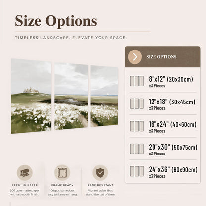 Coastal wildflower meadow painting set of 3 poster prints size options