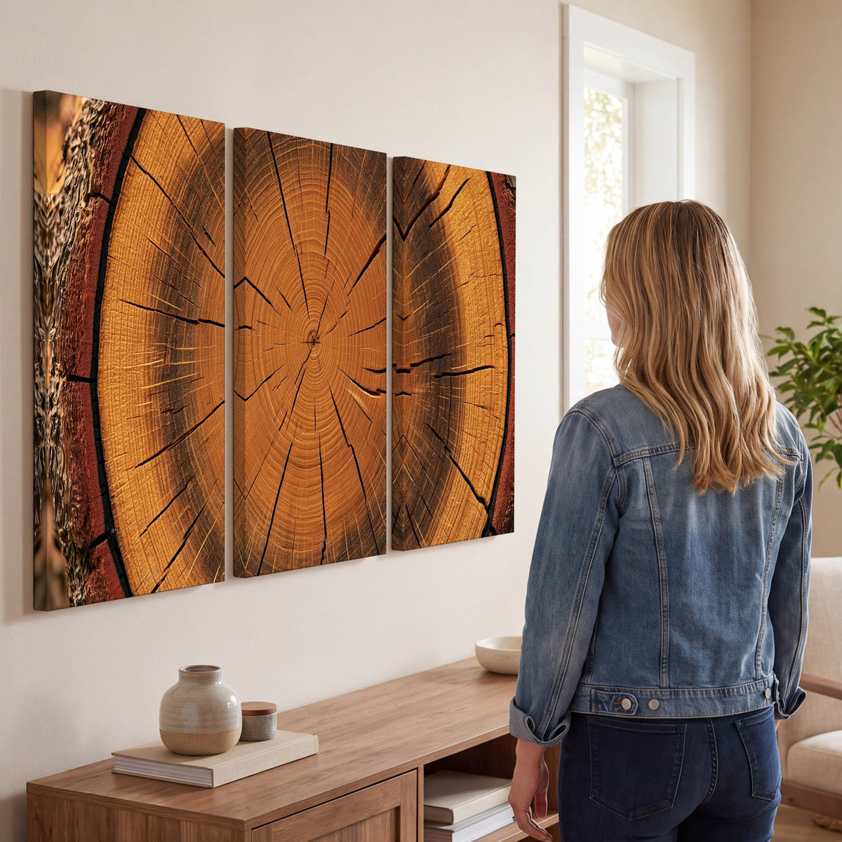 Tree ring wood slice art 3 piece canvas wall art in a living room
